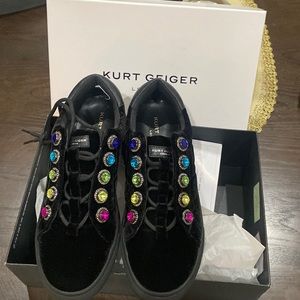 Kurt Geiger Liviah Chunky Crystals black velvet sneakers tennis shoes 8.5